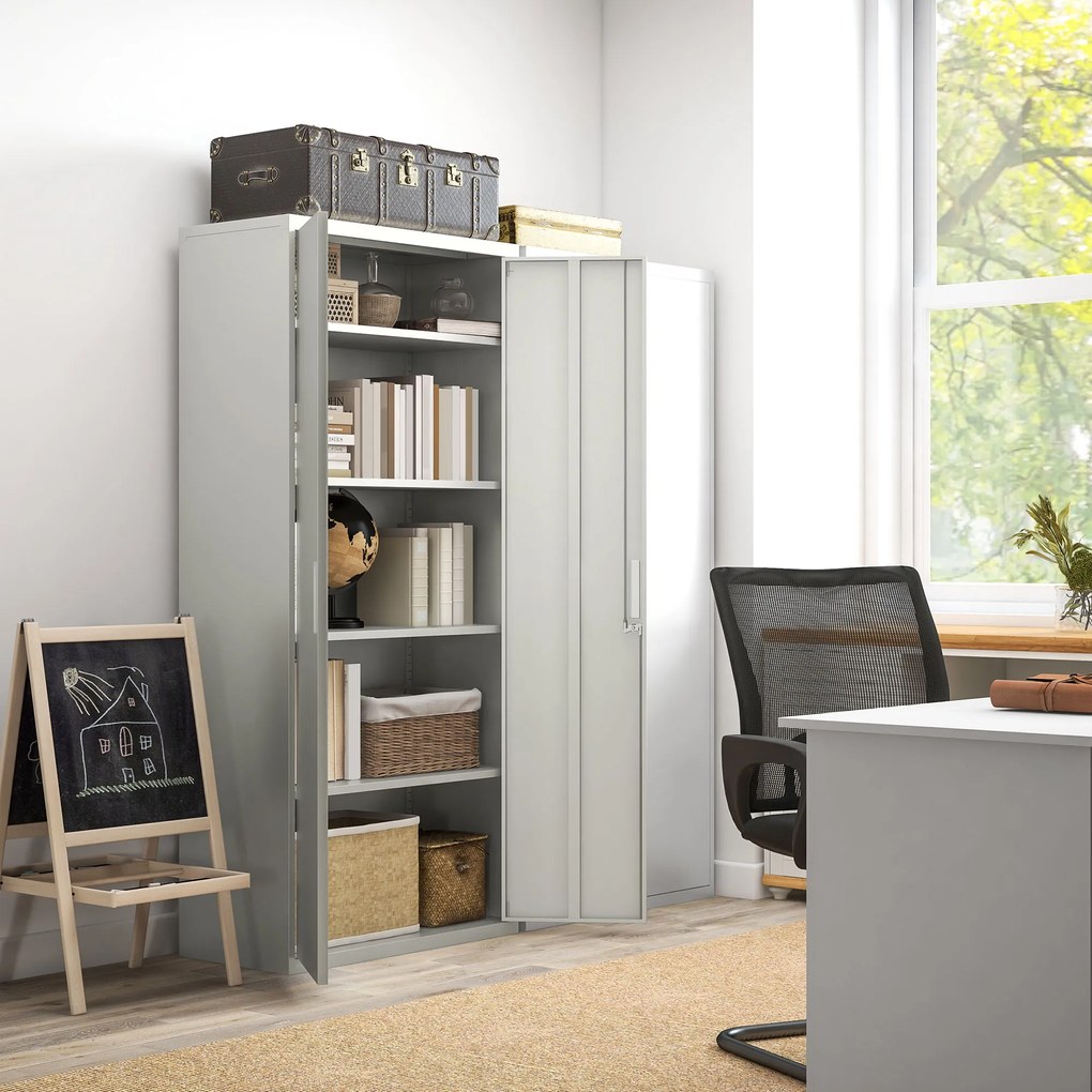 HOMCOM Dulap de Depozitare pentru Birou cu 5 Niveluri, Dulap Metalic cu 2 Uși și 4 Rafturi Reglabile, 80x40x180 cm, Alb
