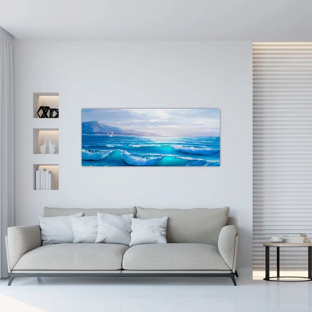 Tablou - Pictură în ulei de mare cu pescăruși (120x50 cm)