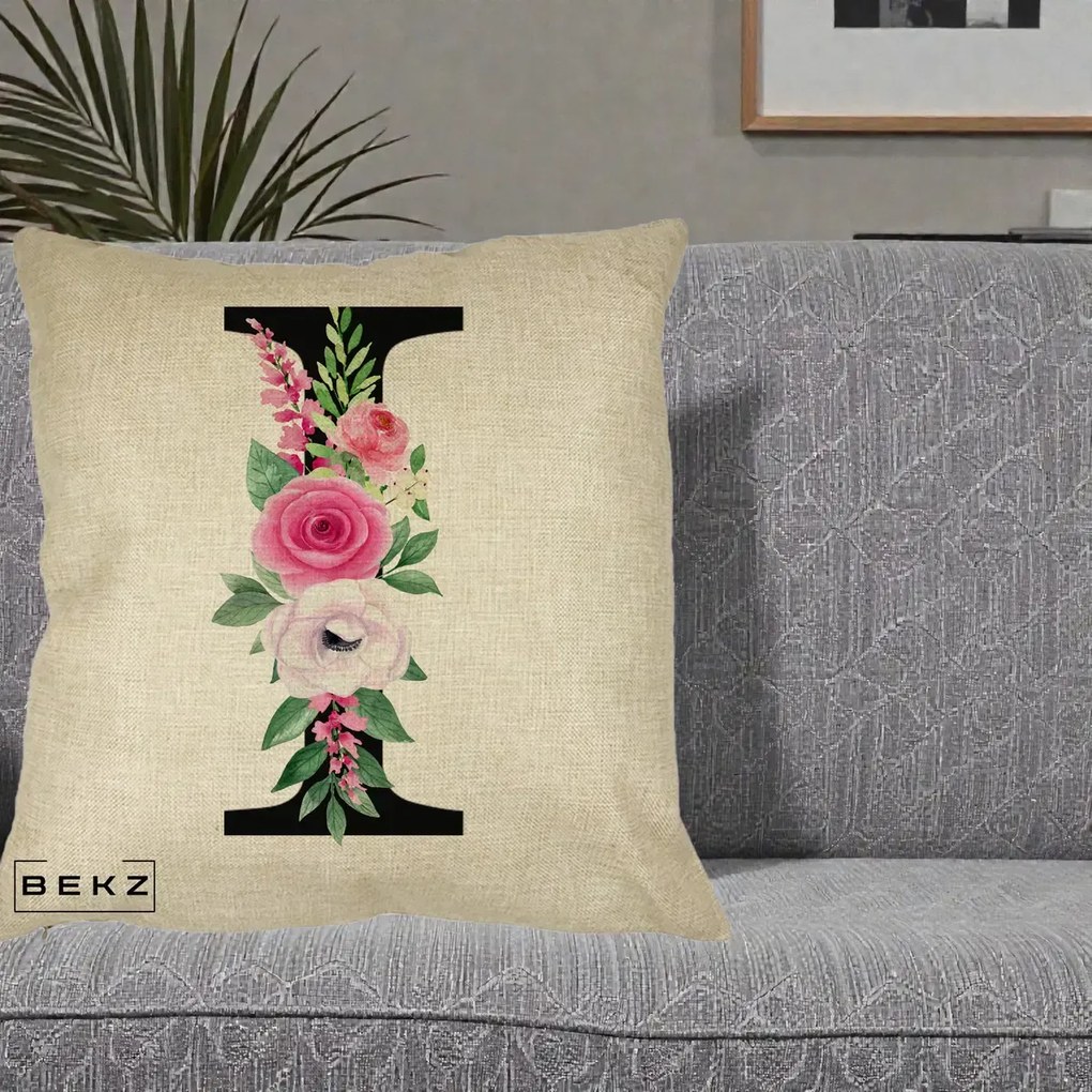 Cadou Personalizat - Perna Personalizata Monograma Florala Litera I, 40x40 cm, Crem, Husa Detasabila, Perna Inclusa, BEKZ®
