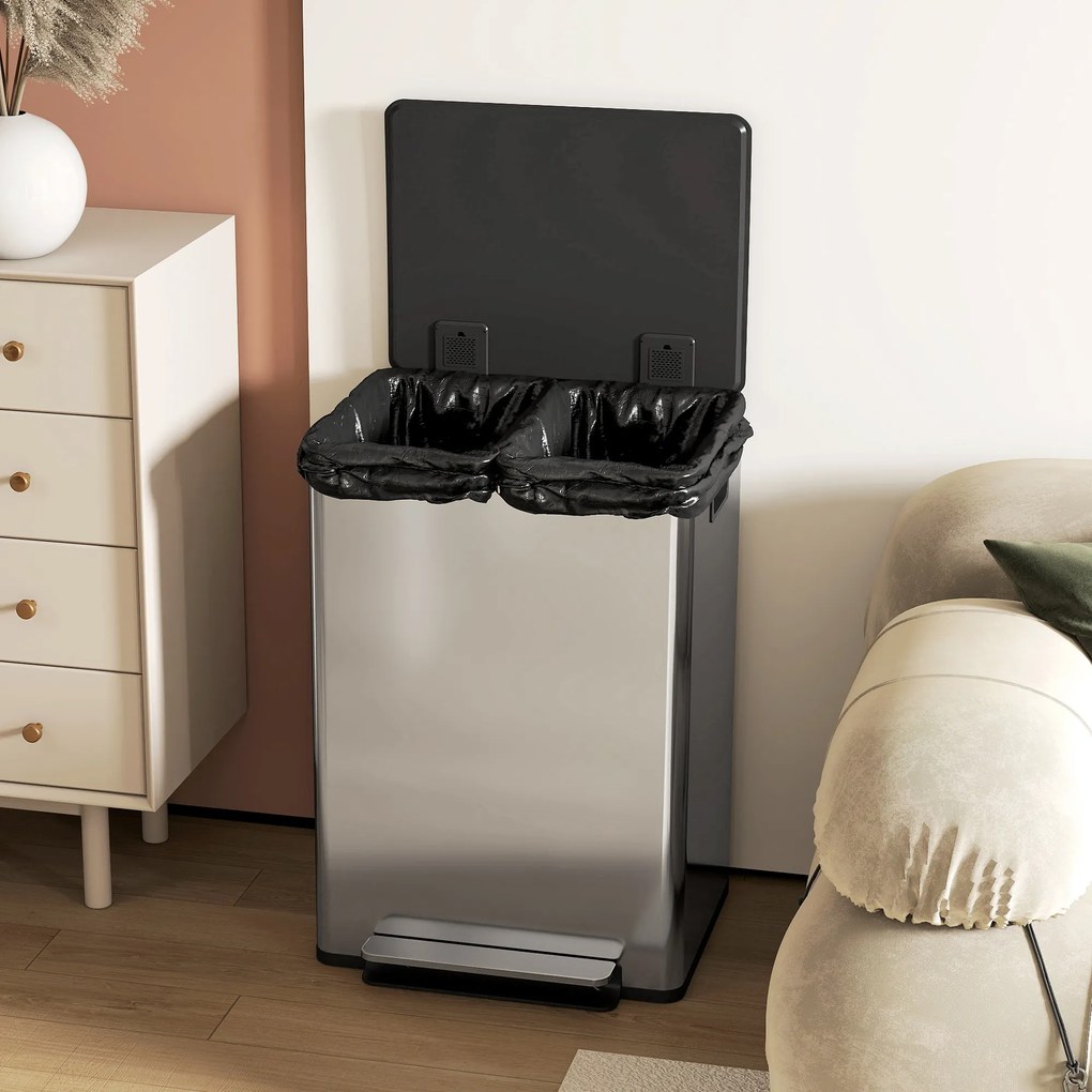 HOMCOM Coș de gunoi dublu cu pedală, 2 găleți de 30L și capac amortizat, gri | Aosom Romania