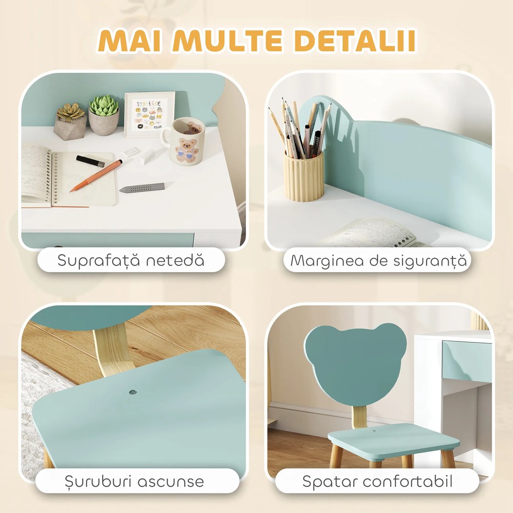AIYAPLAY Set Birou cu Sertar și Scaun Ursuleț pentru Copii 3-8 Ani Verde | Aosom Romania