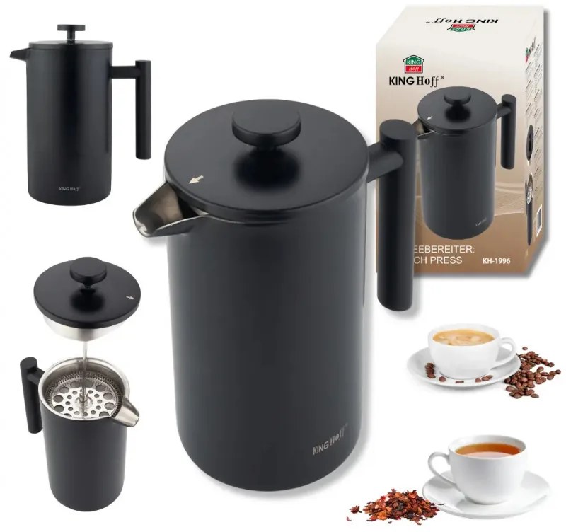 Presă franceză pentru cafea/ceai Kinghoff KH 1996, 1 l, Oțel inoxidabil, Pereți dubli, Negru