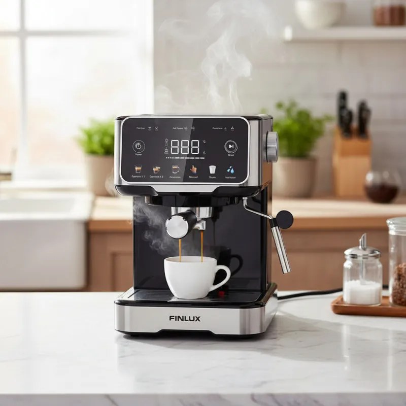 Espressor manual pentru cafea macinata Finlux FEM-1655BS, 1100 W, 20 bar, 1,5 l, Ecran tactil, Bloc termic, Duza de abur, Argintiu/Negru