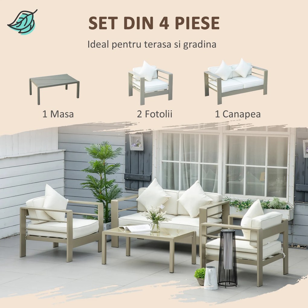 Outsunny Set de mobilier de gradina din 4 piese, cadru de aluminiu, mobilier de curte, cu sezut cu perne gros, 2 scaune | Aosom Romania