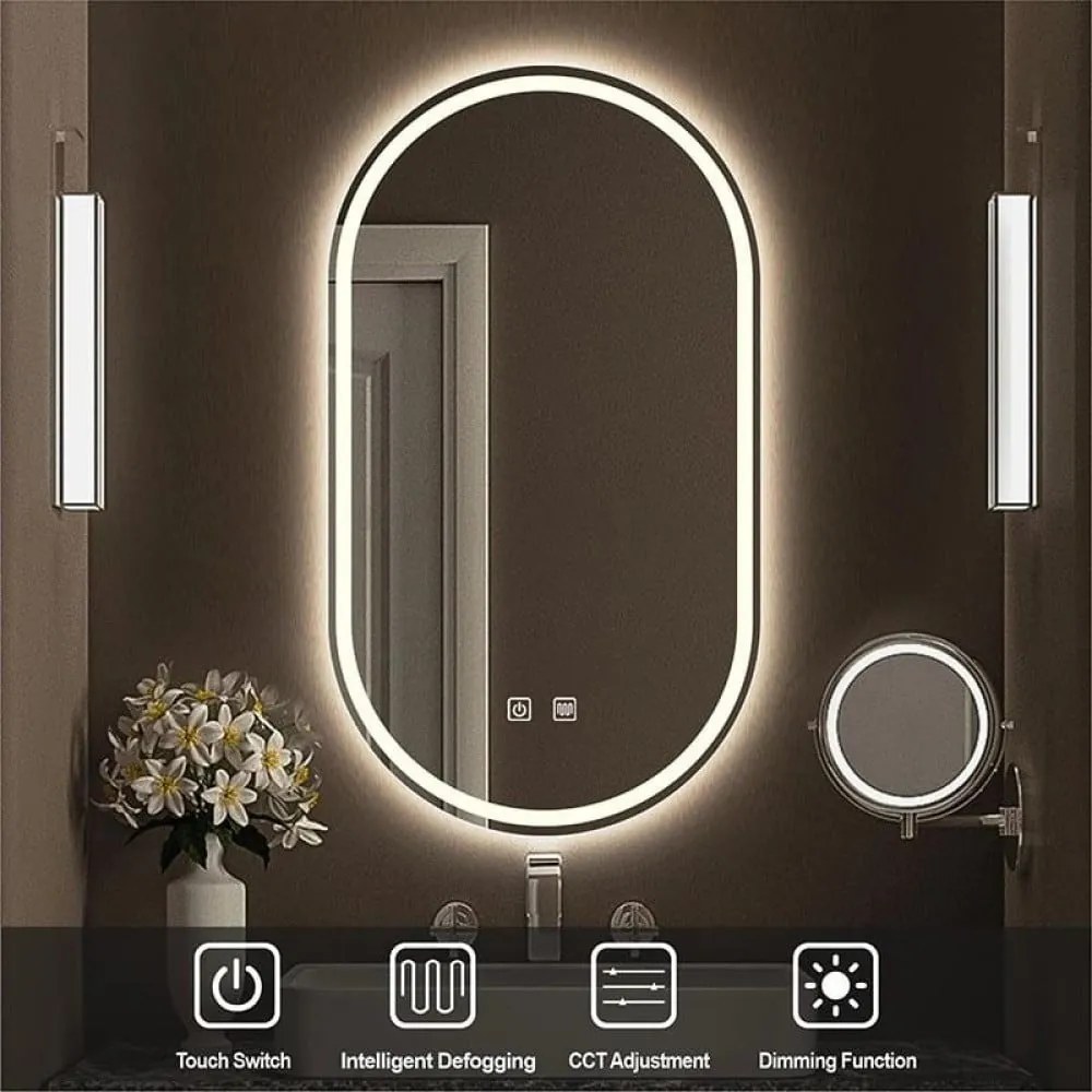 Oglindă Baie LED și Dezaburire Elit's Premium cu Senzor Touch, Lumina Rece, Caldă și Neutră, 55x100cm,