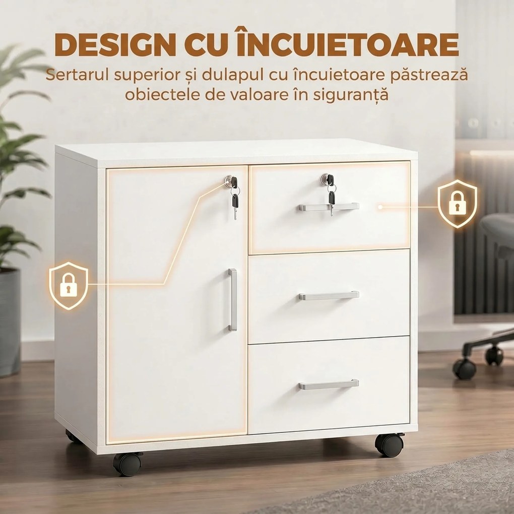 HOMCOM Dulap de Birou cu 3 Sertare și Dulăpior cu 3 Rafturi Reglabile, Sertar pentru Documente, 60x40x56 cm, Alb | Aosom Romania
