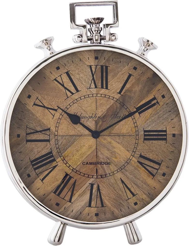 Ceas de masa din metal argintiu lemn maro 30 cm x 10 cm x 41 cm