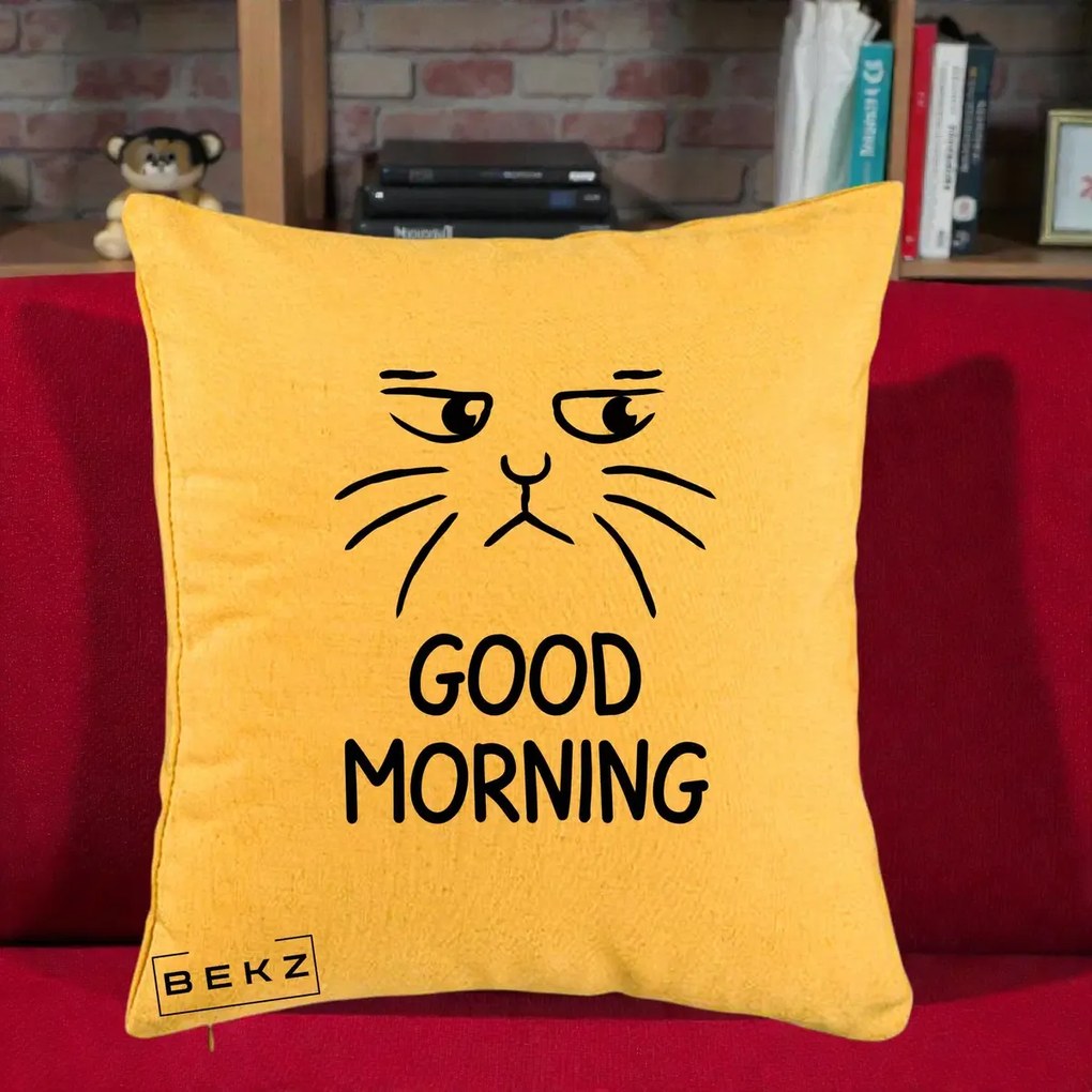 Perna Decorativa Pisica Morocanoasa Good Morning, 40x40 cm, Galben, Husa Detasabila, Perna Inclusa, BEKZ®