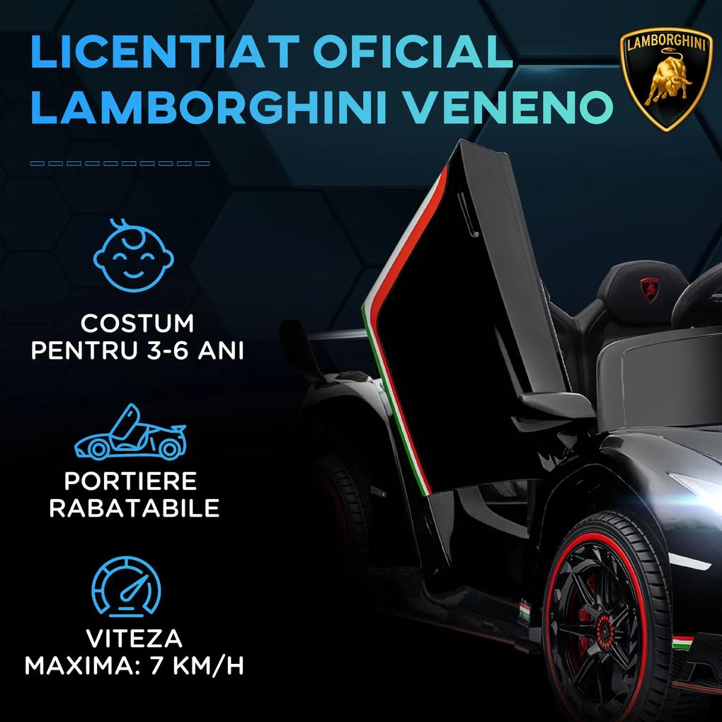 HOMCOM Mașină Electrică pentru Copii, Lamborghini Veneno, Mașinuță cu Telecomandă și Roți cu Suspensie, Vârsta 3-6 ani, 111x61x45 cm, Neagră