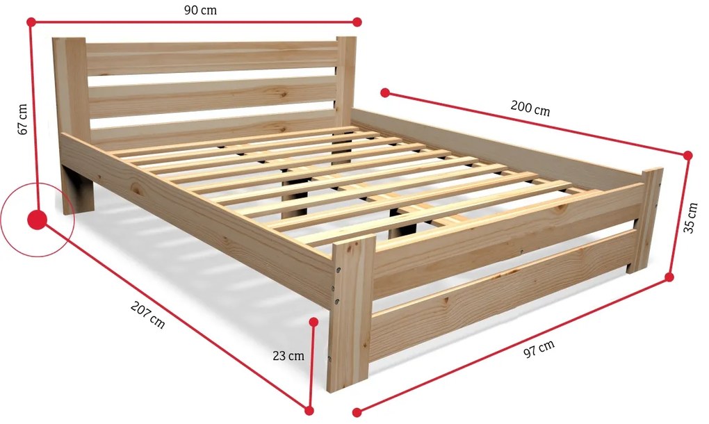 Expedo Pat din lemn masiv STUDY + somieră GRATIS + saltea spumă DE LUX 14 cm + somieră, 90x200cm, natural/lac nu