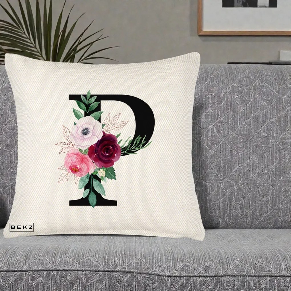 Cadou Personalizat - Perna Personalizata Monograma Florala Litera P, 40x40 cm, Crem Reliefat, Husa Detasabila, Perna Inclusa, BEKZ®