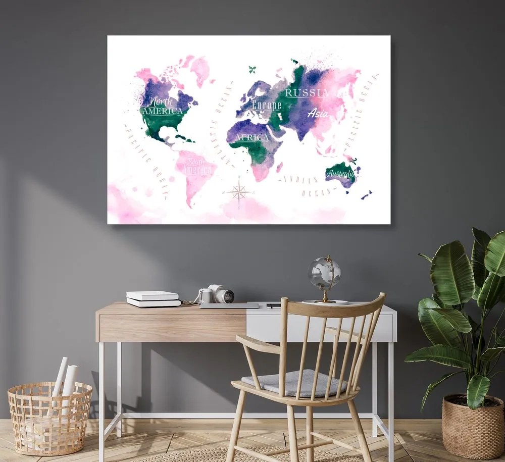 Tablou pe plută harta lumii în design de acuarelă - 90x60 flags