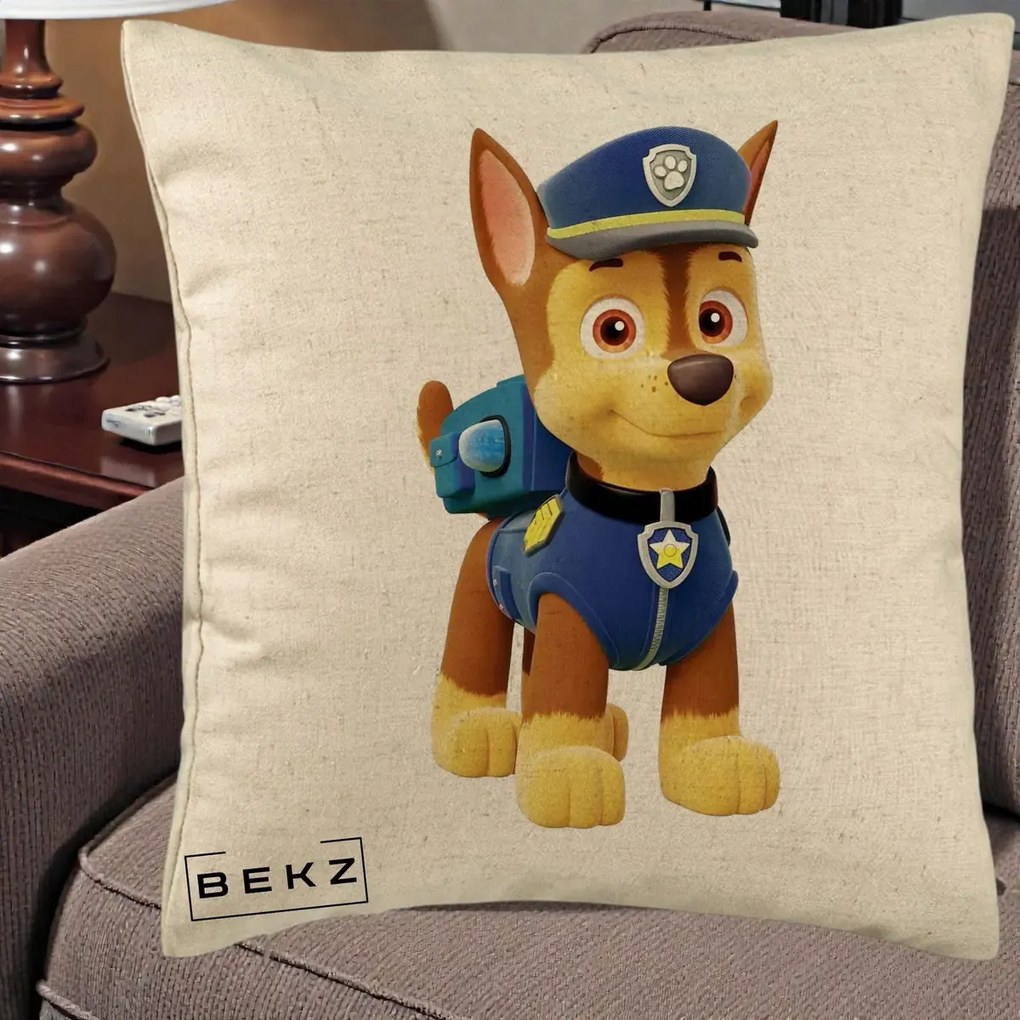Perna Personalizata Chase PAW Patrol Albastru, 40x40 cm, Bej, Husa Detasabila, Perna Inclusa, BEKZ®