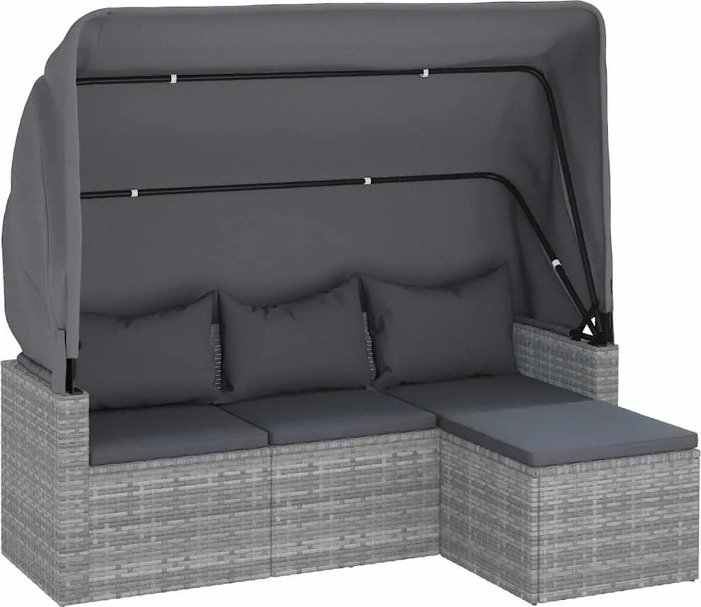 vidaXL Canapea grădină 3 locuri cu acoperiș și taburet, gri, poliratan