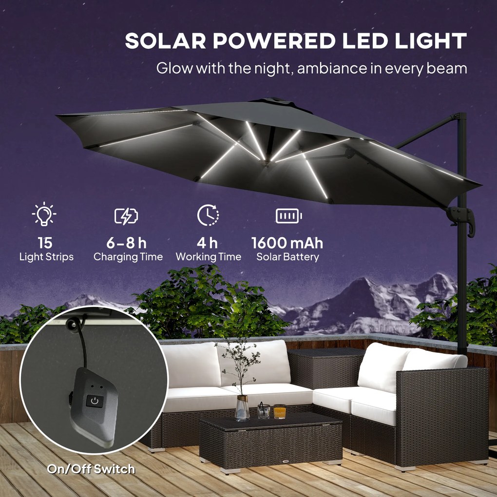 Outsunny Umbrelă de Soare Exterioară cu Lumini LED și Unghi Reglabil, Umbrelă de Grădină din Aluminiu și Poliester, Ø3x2.5 m, Gri | Aosom Romania