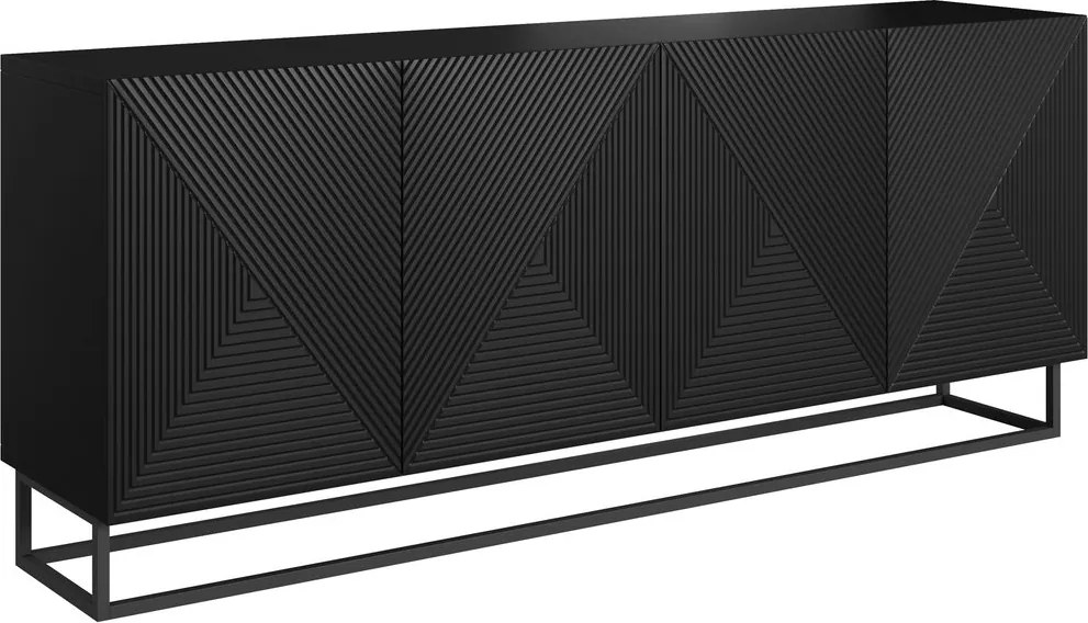 Comodă Asha 200 cm cu 4 uși - negru mat / cadru negru