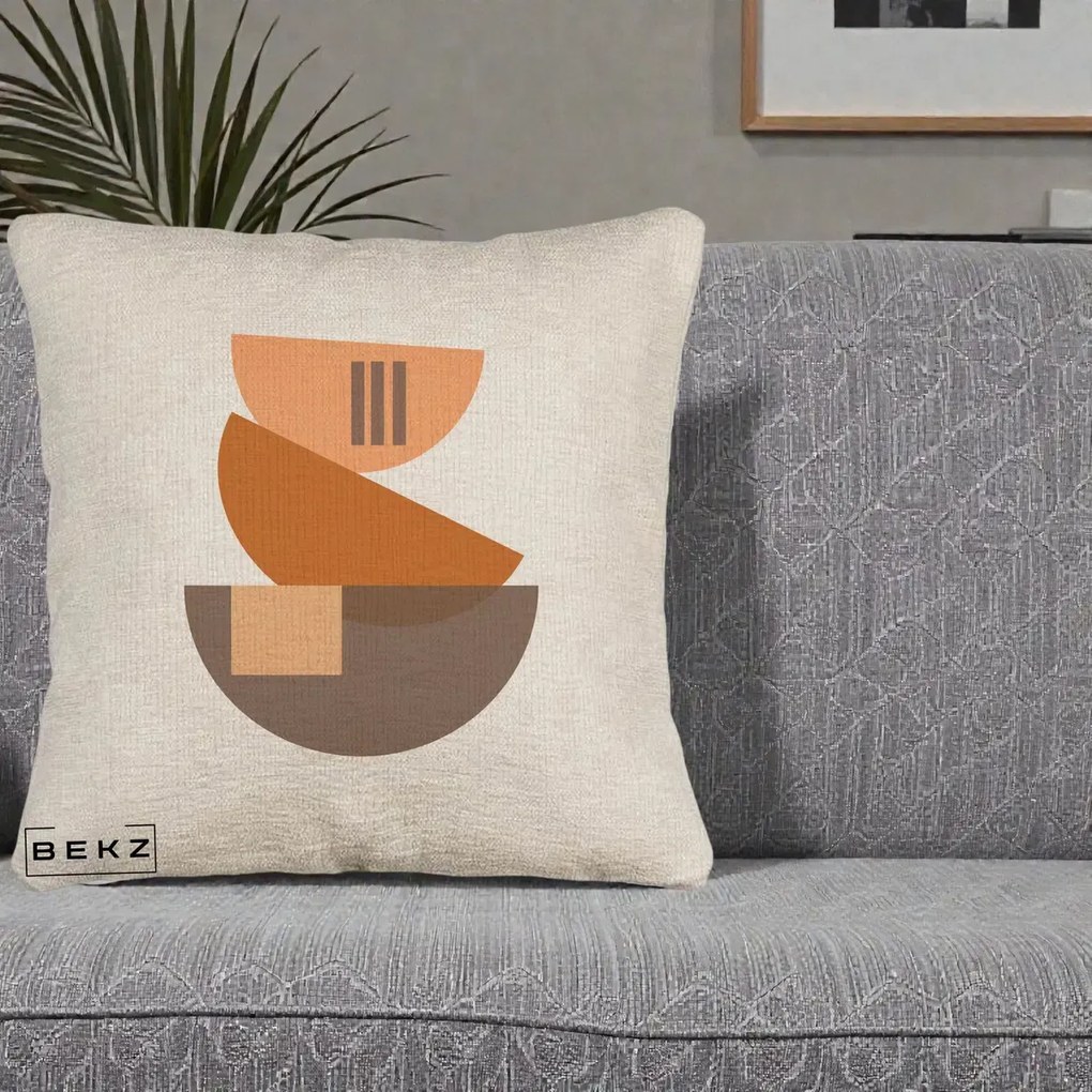 Perna Decorativa Geometric Bauhaus Boluri Portocaliu, 40x40 cm, Bej Canapea, Husa Detasabila, Perna Inclusa, BEKZ®