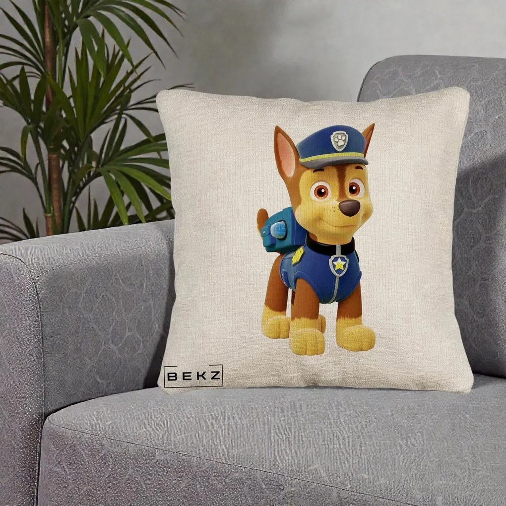 Perna Personalizata Chase PAW Patrol Albastru, 40x40 cm, Bej Canapea, Husa Detasabila, Perna Inclusa, BEKZ®