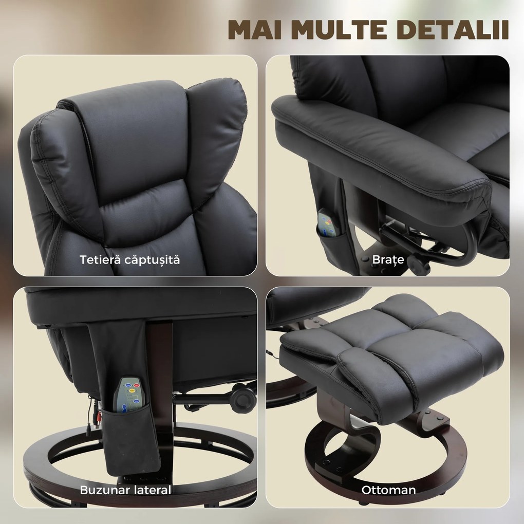 HOMCOM Scaun cu Puf Suport pentru Picioare și Funcție de Masaj, Reclinabil la 145° și Rotativ la 360°, Negru | Aosom Romania