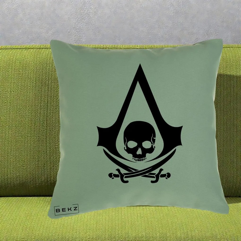 Perna Personalizata Assassin's Creed Black Flag Skull, 40x40 cm, Verde, Husa Detasabila, Perna Inclusa, BEKZ®