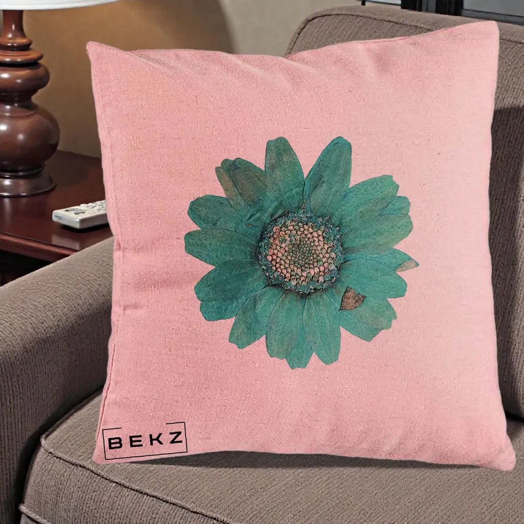 Perna Decorativa Floare Gerbera Teal Acuarela, 40x40 cm, Roz, Husa Detasabila, Perna Inclusa, BEKZ®
