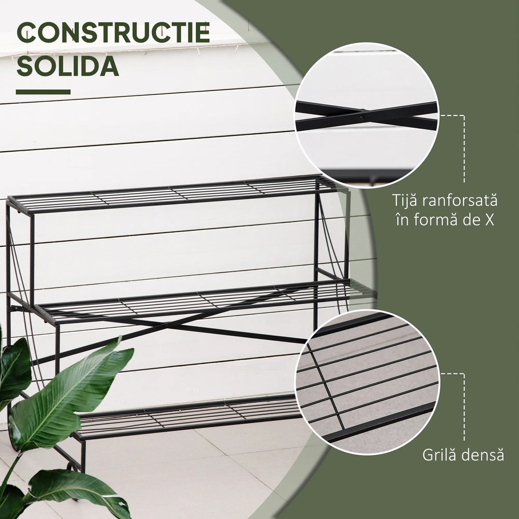 Outsunny Suport pentru Plante din Metal, Scară Suport pe 3 Niveluri pentru Ghivece de Grădina în Stil Vintage, 95x63x72 cm, Negru | Aosom Romania