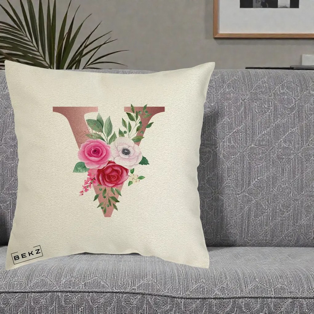 Cadou Personalizat - Perna Personalizata Monograma Rose Gold Litera V, 40x40 cm, Ecru, Husa Detasabila, Perna Inclusa, BEKZ®