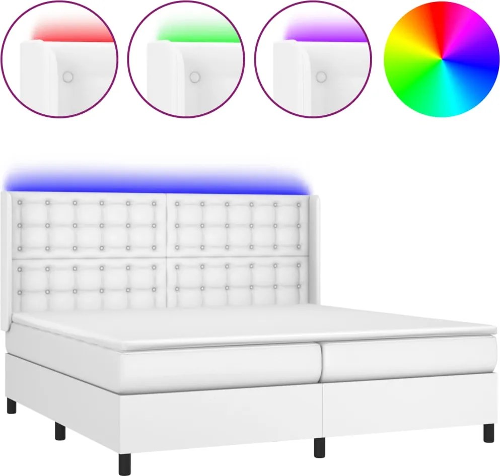 vidaXL Pat cu arcuri, saltea și LED, alb, 200x200 cm, piele ecologică
