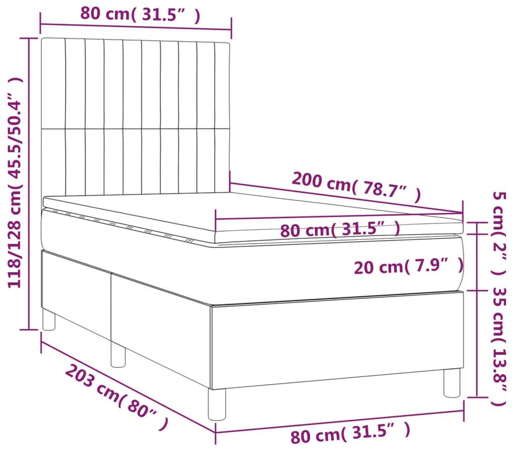 Pat box spring cu saltea, gri deschis, 80x200 cm, catifea Gri deschis, 80 x 200 cm, Benzi verticale