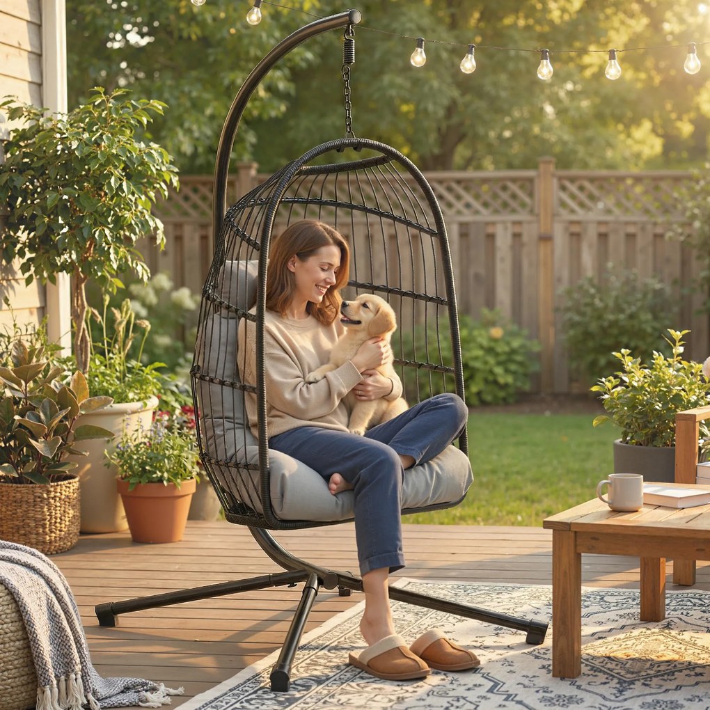 Outsunny Scaun suspendat tip ou cu suport Coș Pliabil Pernă Tetieră Înălțime Reglabilă și Frânghie Capacitate 120 kg Gri deschis | Aosom Romania