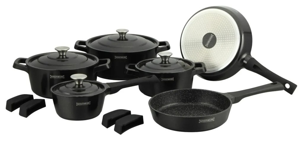 Set oale si tigai cu capace, marmorate 14 piese Royaly Line RL OS1014 Negru, antiaderente, inductie, capac metalic, curatare usoara