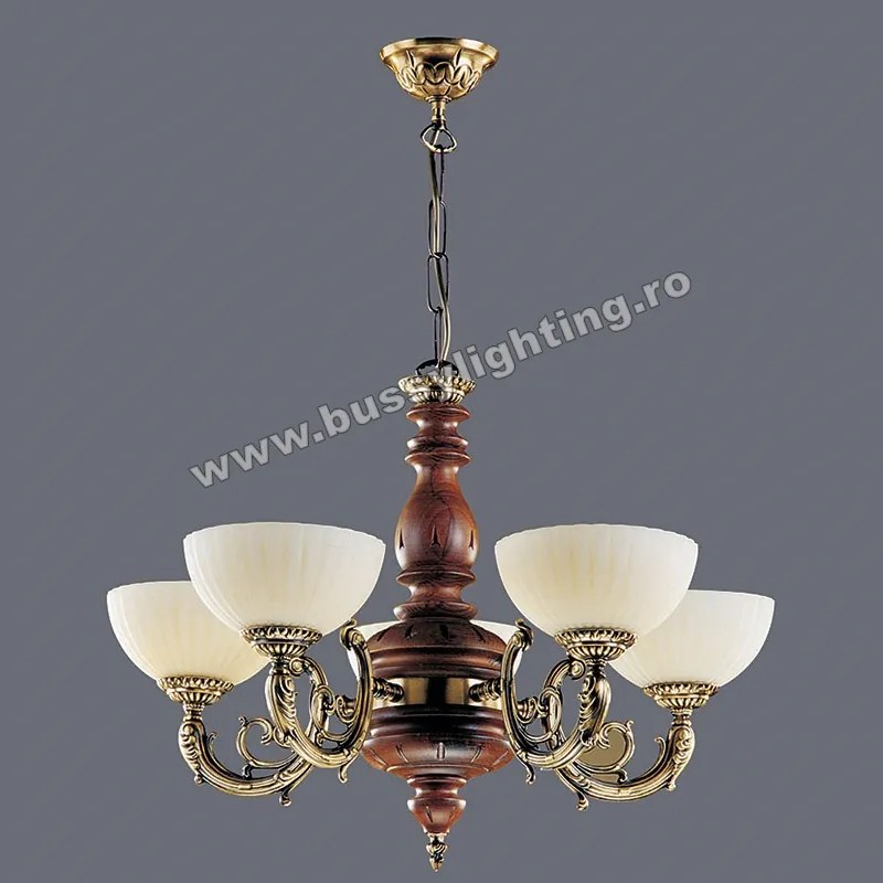 Lustra Luna cu 5 Brate, Rustic, Bronz Antic, Lemn, Abajur Crem - Bussy Lighting 2011-62-05