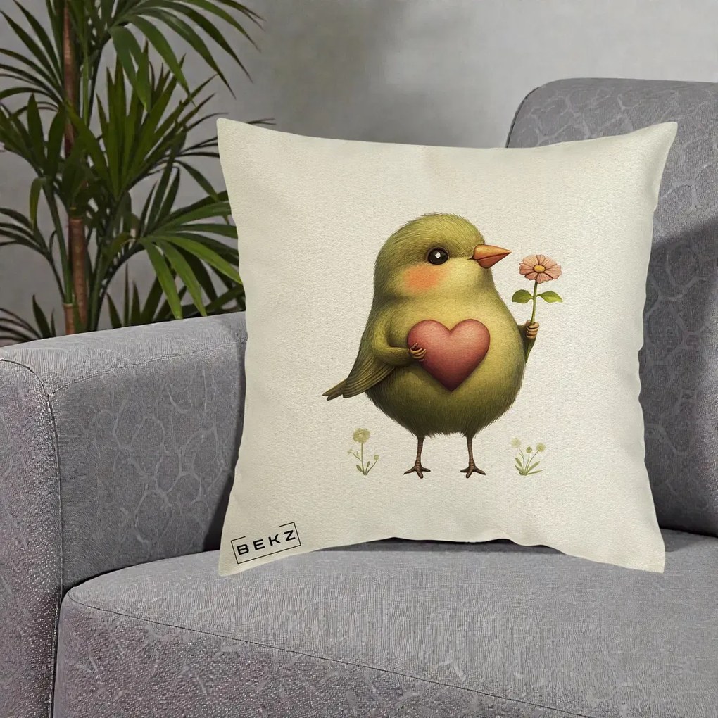 Perna Decorativa Pasare Verde cu Inima si Floare, 40x40 cm, Ecru, Husa Detasabila, Perna Inclusa, BEKZ®