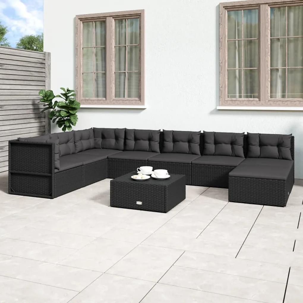 3187101 vidaXL Set mobilier de grădină cu perne, 8 piese, negru, poliratan