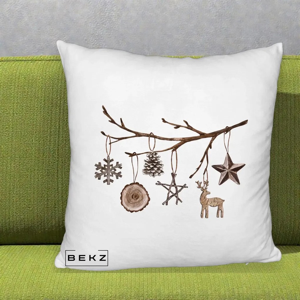 Perna Decorativa Ornamente de Lemn pe Ramura, 40x40 cm, Alb Pufos, Husa Detasabila, Perna Inclusa, BEKZ®
