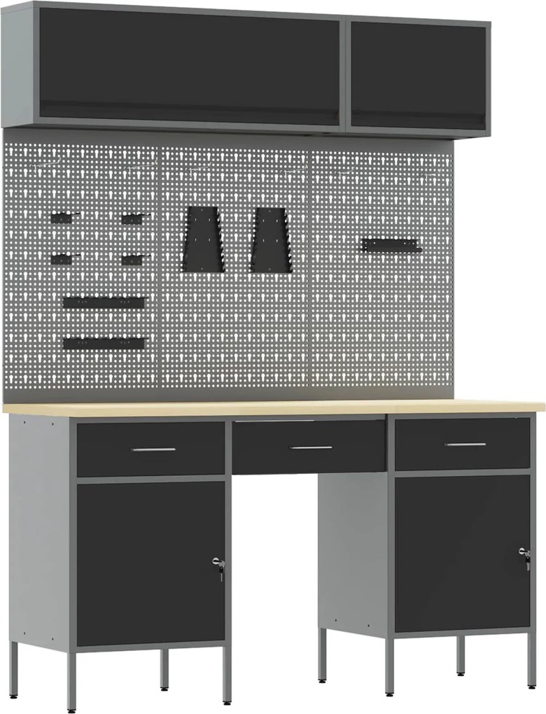 vidaXL Dulap de lucru cu sertar 10 pcs Negru Lemn ingineresc și oțel