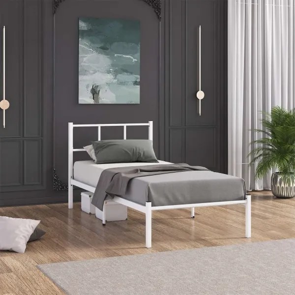 Pat metalic pentru o persoană ROVAN 90x200 cm, alb, sarcină maximă 120 kg