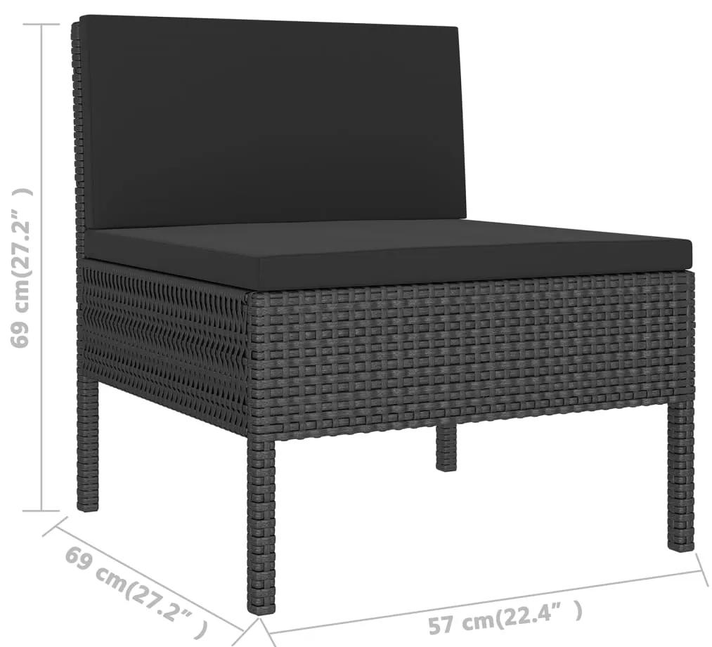 Set mobilier de gradina cu perne, 5 piese, negru, poliratan colt + 3x mijloc + suport pentru picioare, 1
