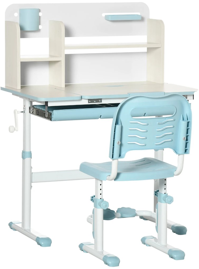 HOMCOM Birou și Scaun pentru Copii de +3 Ani cu Înălţime Ajustabilă și Masă Inclinabilă 80x52x88-109 cm și 35,5x44,5x66-80 cm Albastru | Aosom Romania