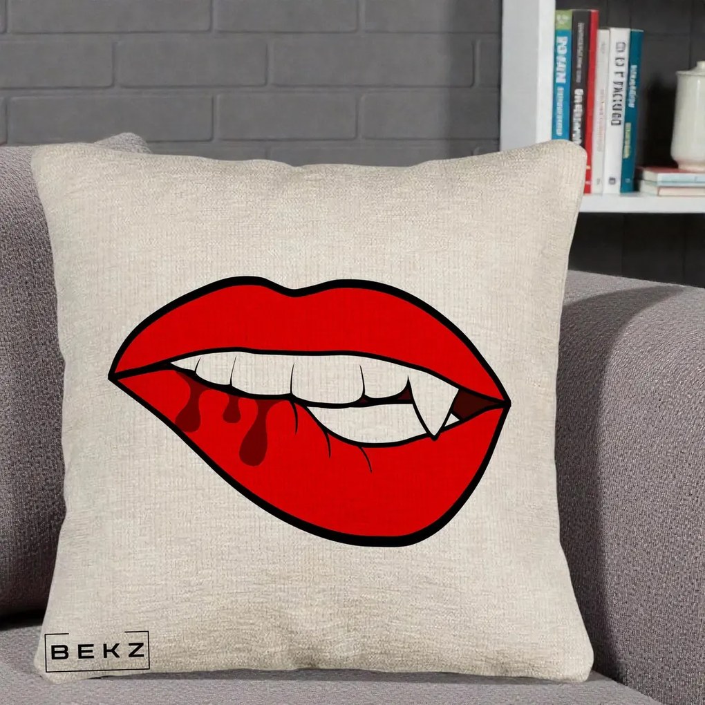 Perna Decorativa Vampire Lips Halloween, 40x40 cm, Bej Canapea, Husa Detasabila, Perna Inclusa, BEKZ®