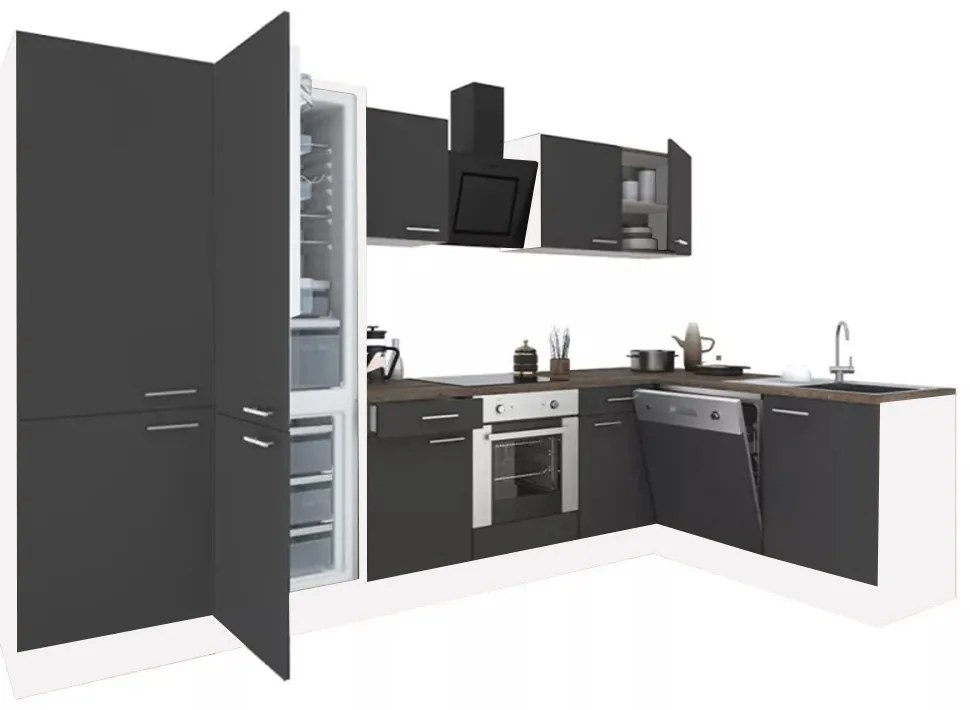 Dulap de bucătărie de colț Yorki 340, corp alb, față antracit satinat, element cuptor inferior, dulap cu raft, frigider congelator inferior