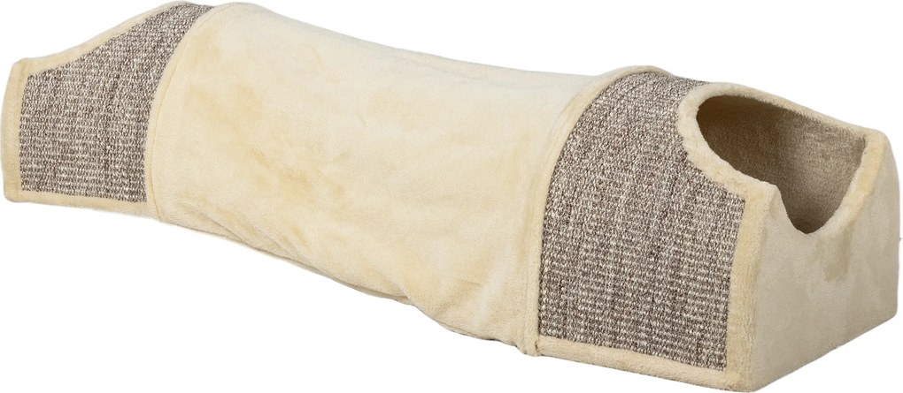 PawHut Tunel pentru pisici cu 3 deschideri, pufos, sfoară de zgâriat din sisal, 107x38x29 cm, Bej/Gri | Aosom Romania