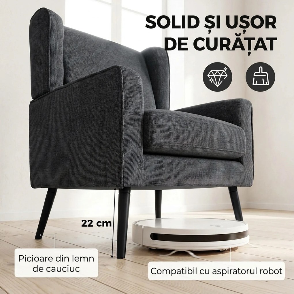 HOMCOM Fotoliu din chenille pentru dormitor, stil modern Mid-Century, cu picioare din lemn de cauciuc, gri închis | Aosom Romania