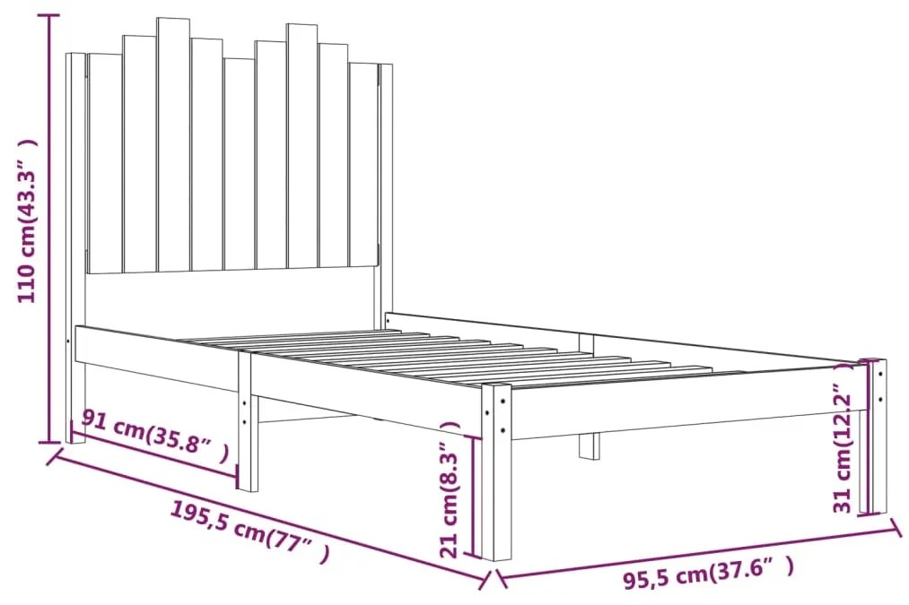 Cadru de pat Single 3FT, 90x190 cm, lemn masiv de pin Maro, 90 x 190 cm