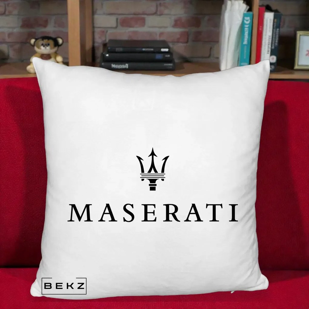 Perna Personalizata cu emblema Maserati, 40x40 cm, Alb Pufos, Husa Detasabila, Perna Inclusa, BEKZ®