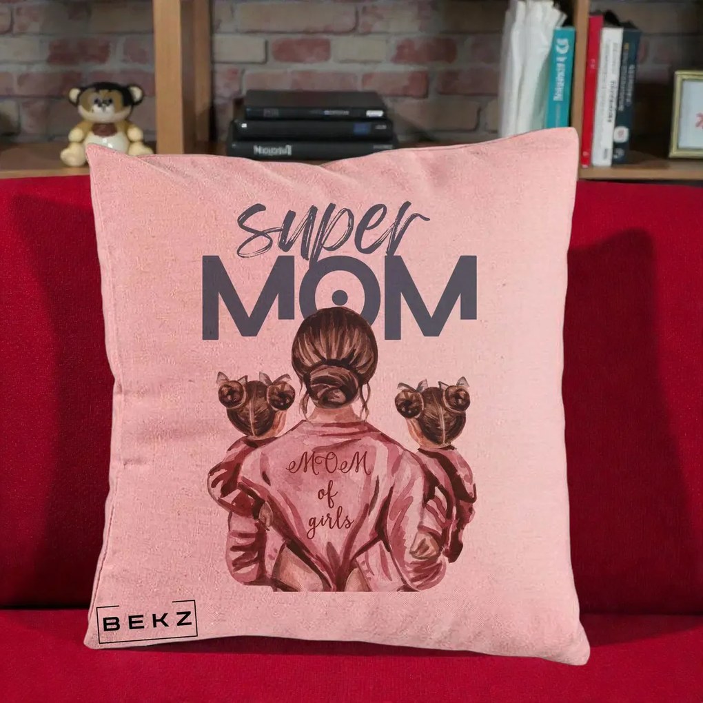 Cadou pentru Mama - Perna Personalizata Super Mom of Girls Mama cu Gemene, 40x40 cm, Roz, Husa Detasabila, Perna Inclusa, BEKZ®
