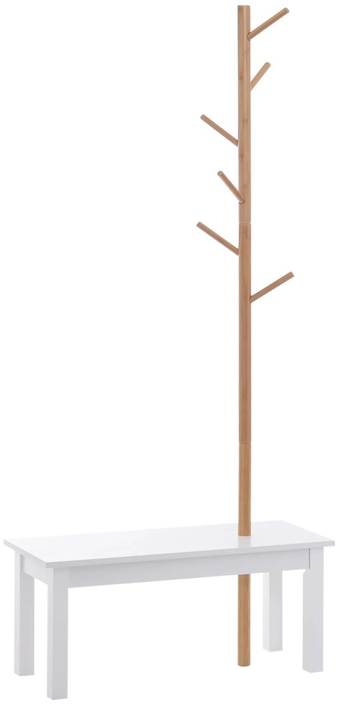 HOMCOM Bancă hol, cu un Cuier în Bambus, Design Modern, Spațiu de Depozitare, Alb și Lemn, 80x30x180 cm | Aosom Romania