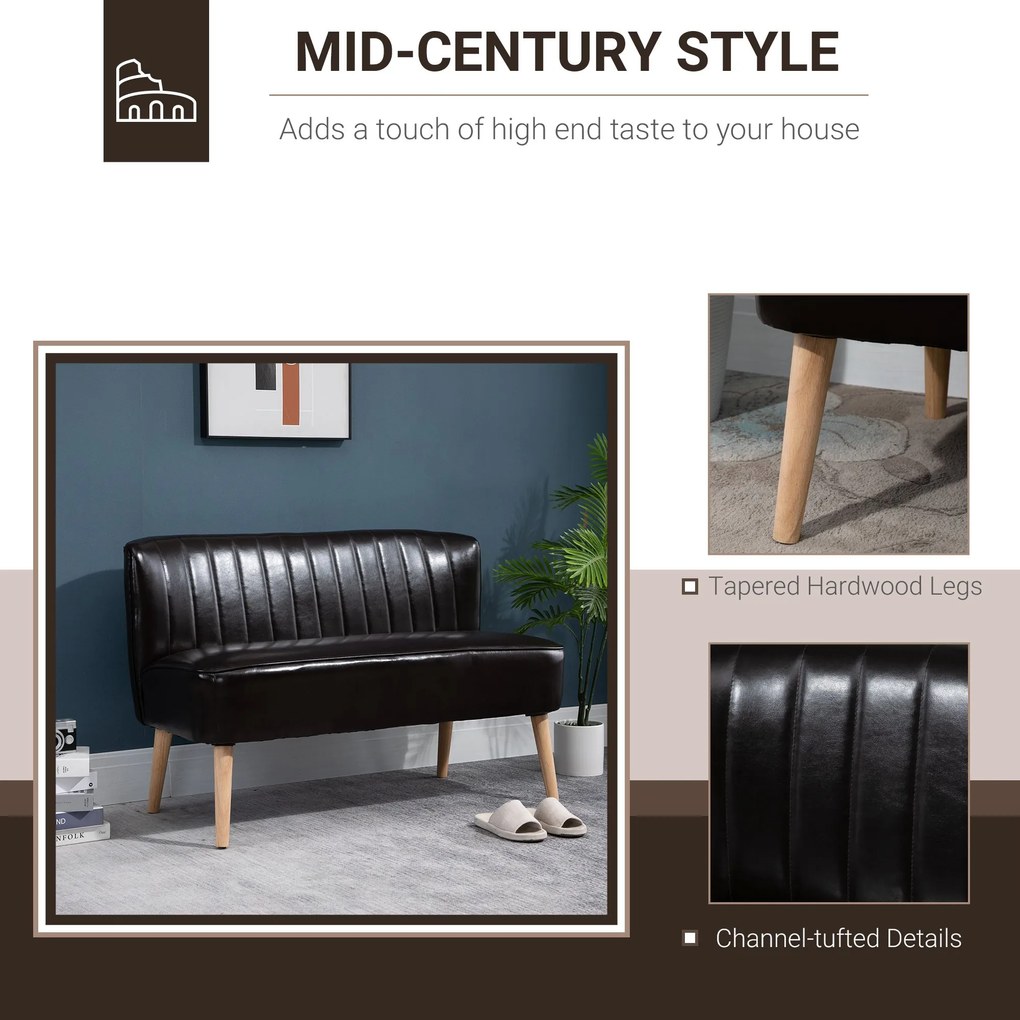 HOMCOM Canapea moderna din material imitatie de piele cu 2 locuri fara brate, structura si picioare din lemn, 117x56,5x77cm maro inchis 