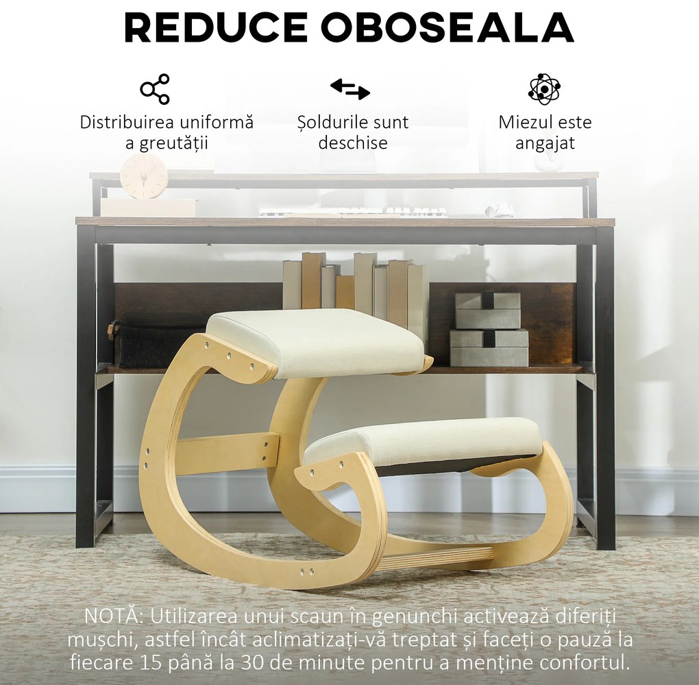 HOMCOM Scaun Ergonomic Postural din Material Textil, Scaun pentru Genunchi cu Mișcare de Legănare, 55x85x55 cm, Alb Crem | Aosom Romania