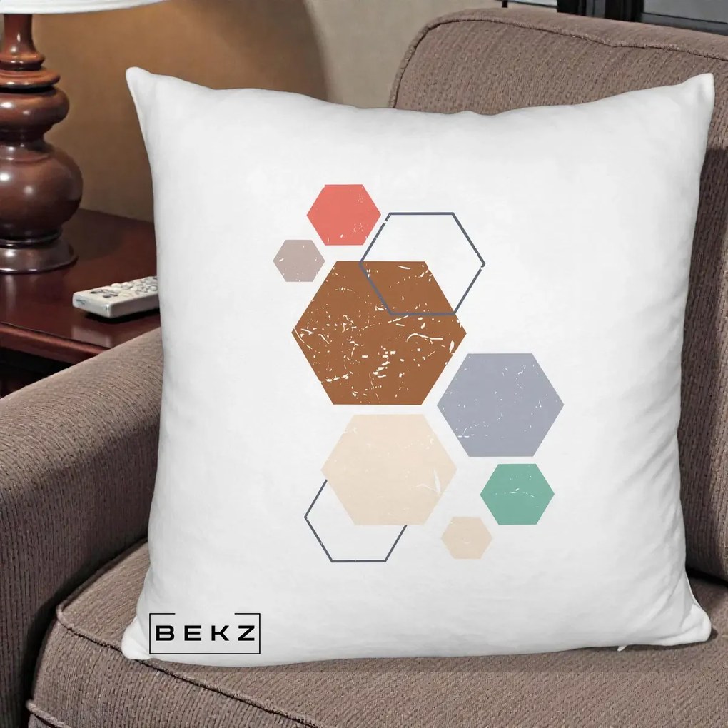 Perna Decorativa Geometric Hexagoane Multicolor, 40x40 cm, Alb Pufos, Husa Detasabila, Perna Inclusa, BEKZ®